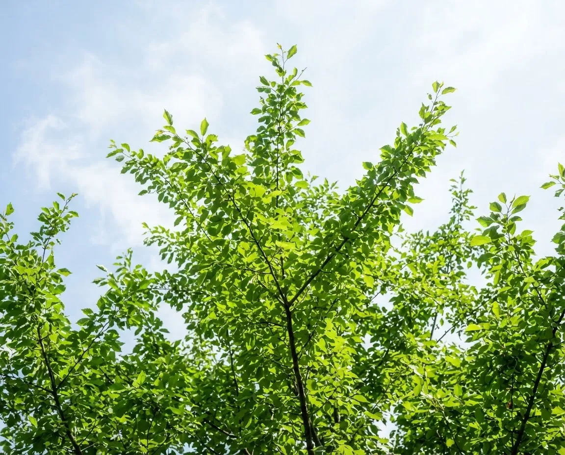 Sunlit branches of a healthy tree stretching upward toward the open sky