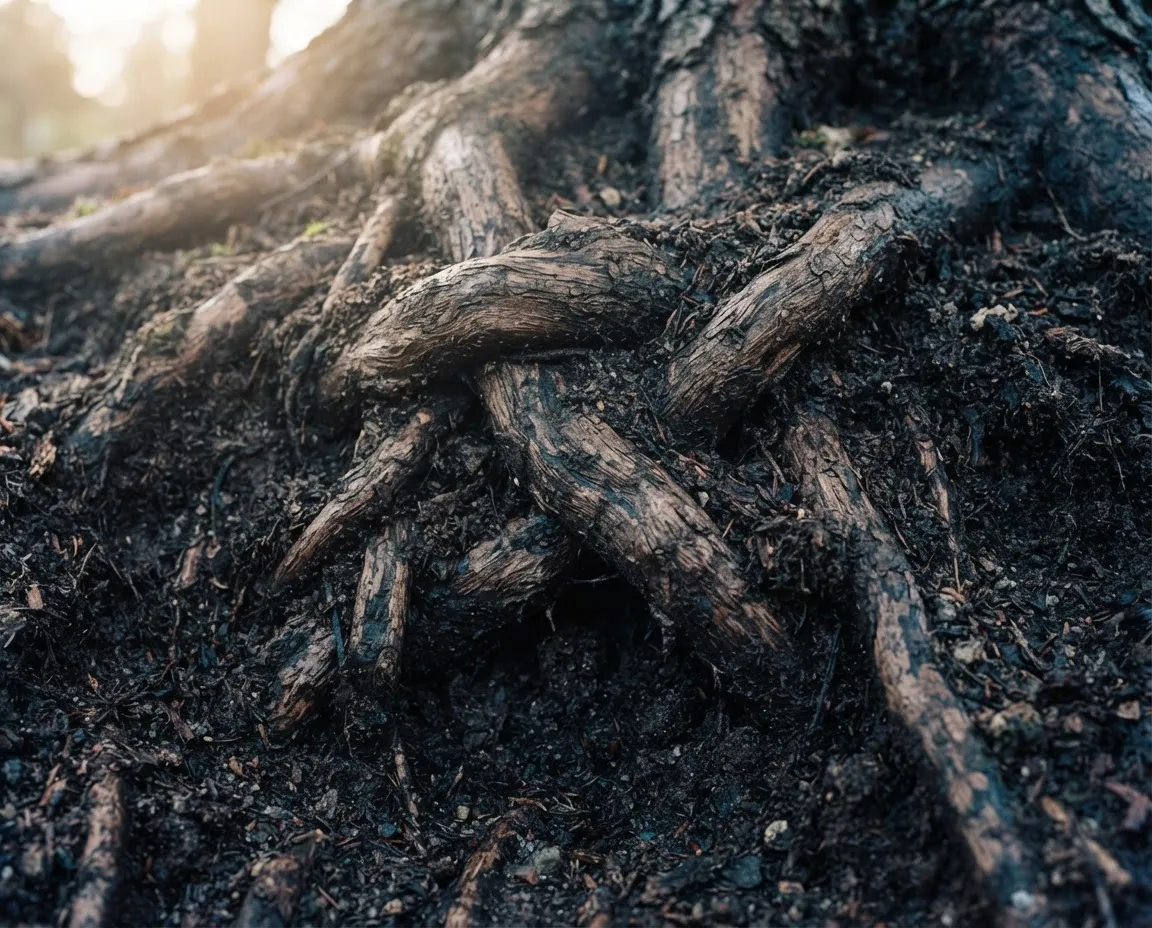 Close up photo of deep tree roots anchoring firmly into rich earth