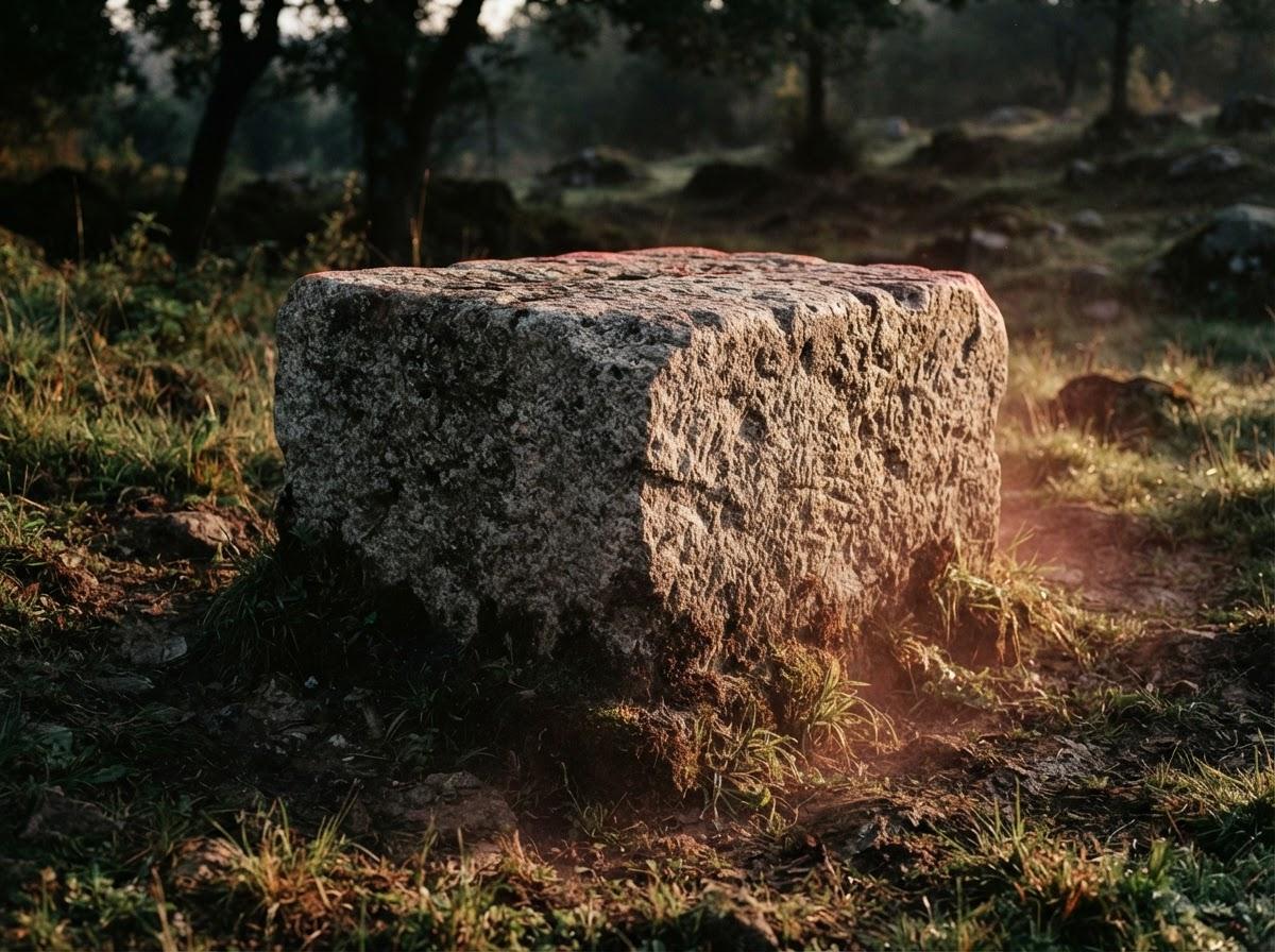A massive carved stone foundation block sitting securely in the earth