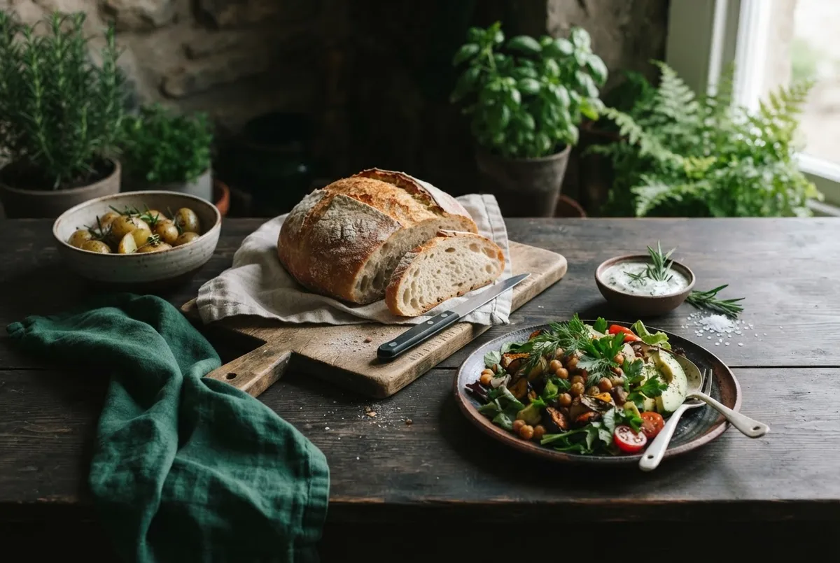 A thoughtfully prepared farm-to-table lunch spread with fresh sourdough, herbs, and rustic tableware