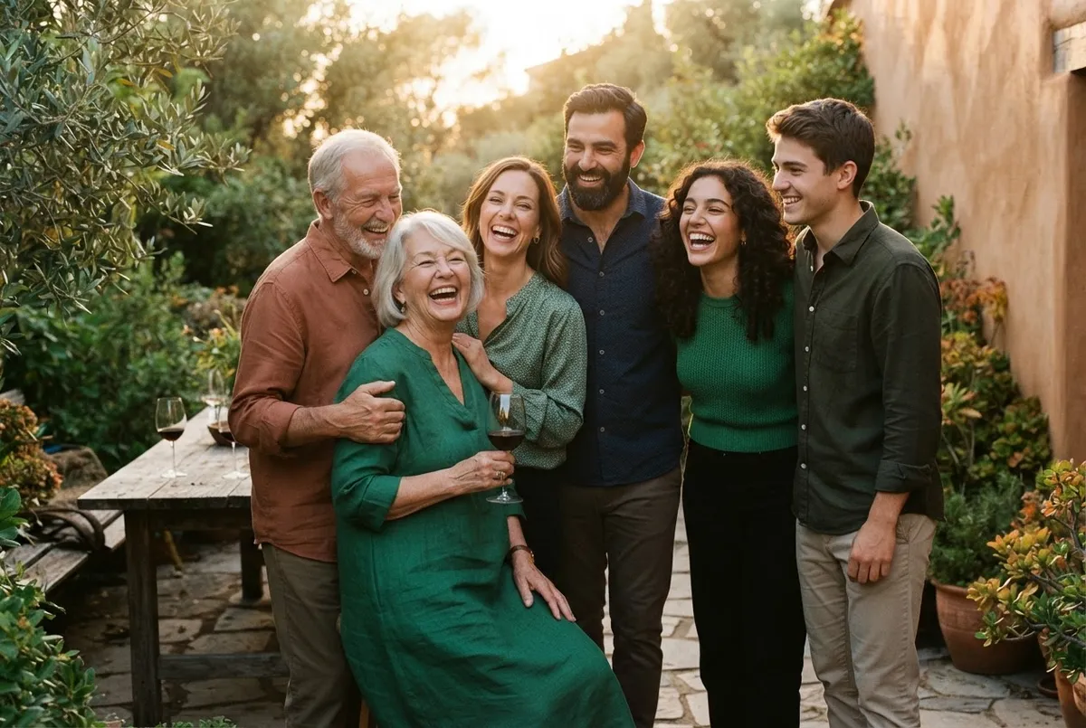 A family laughing together outdoors in the golden evening light after a closed laptop session