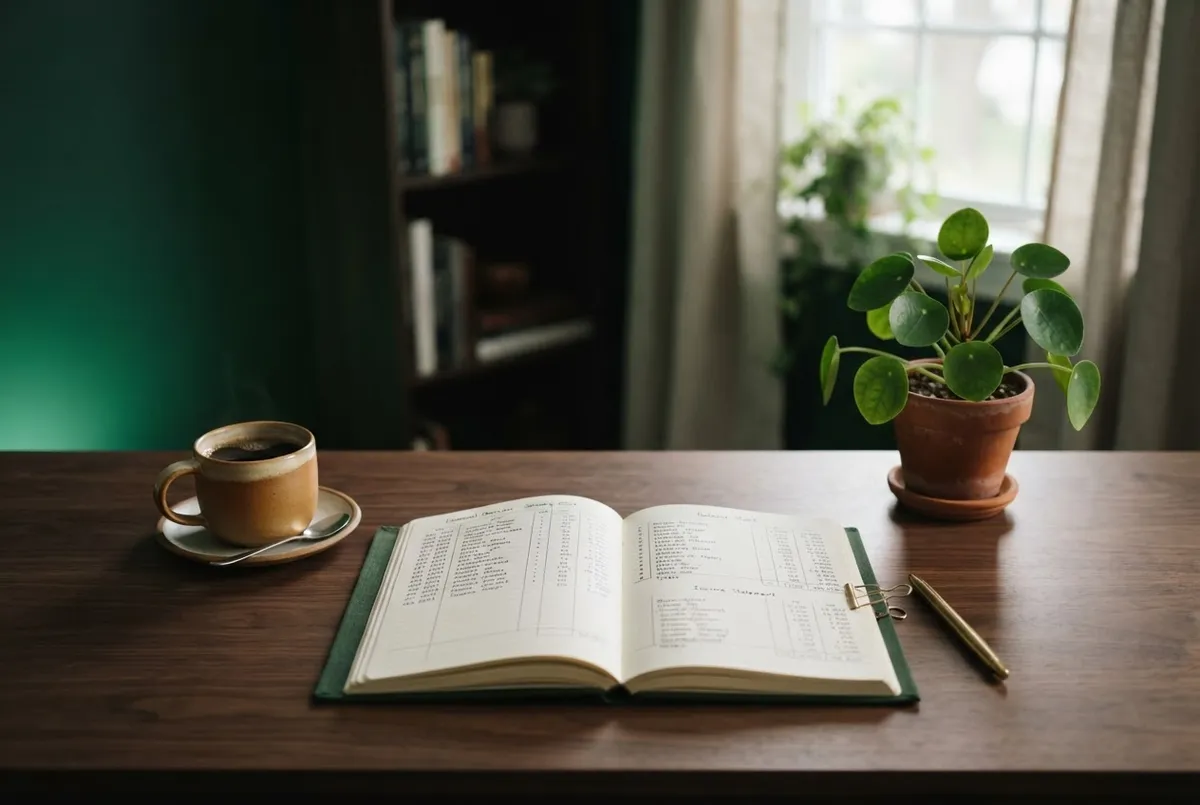 A serene living space with morning light, open financial ledger, warm coffee, and garden view
