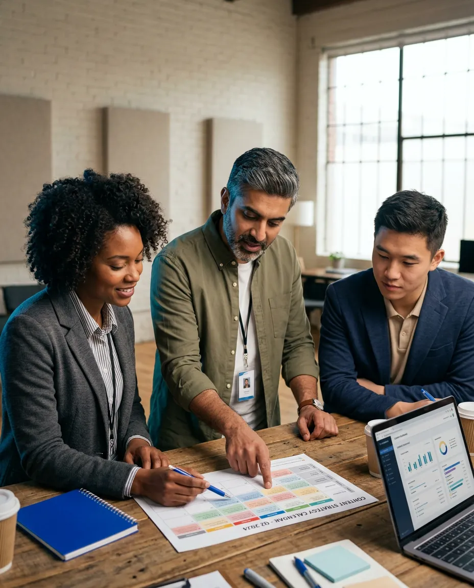Professionals planning content and reviewing a marketing campaign