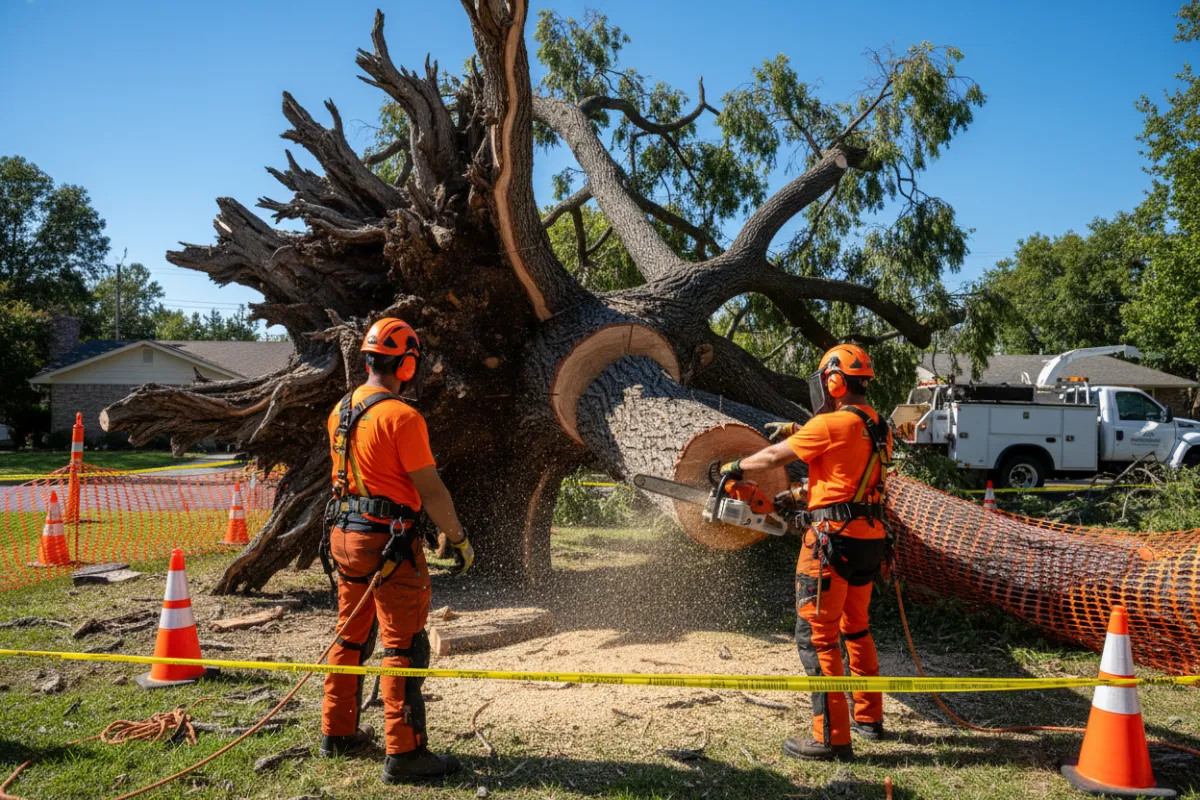 A large, uprooted tree being carefully sectioned by an arborist with a chainsaw, while another guides the process, in a residential front yard with safety barriers in place.