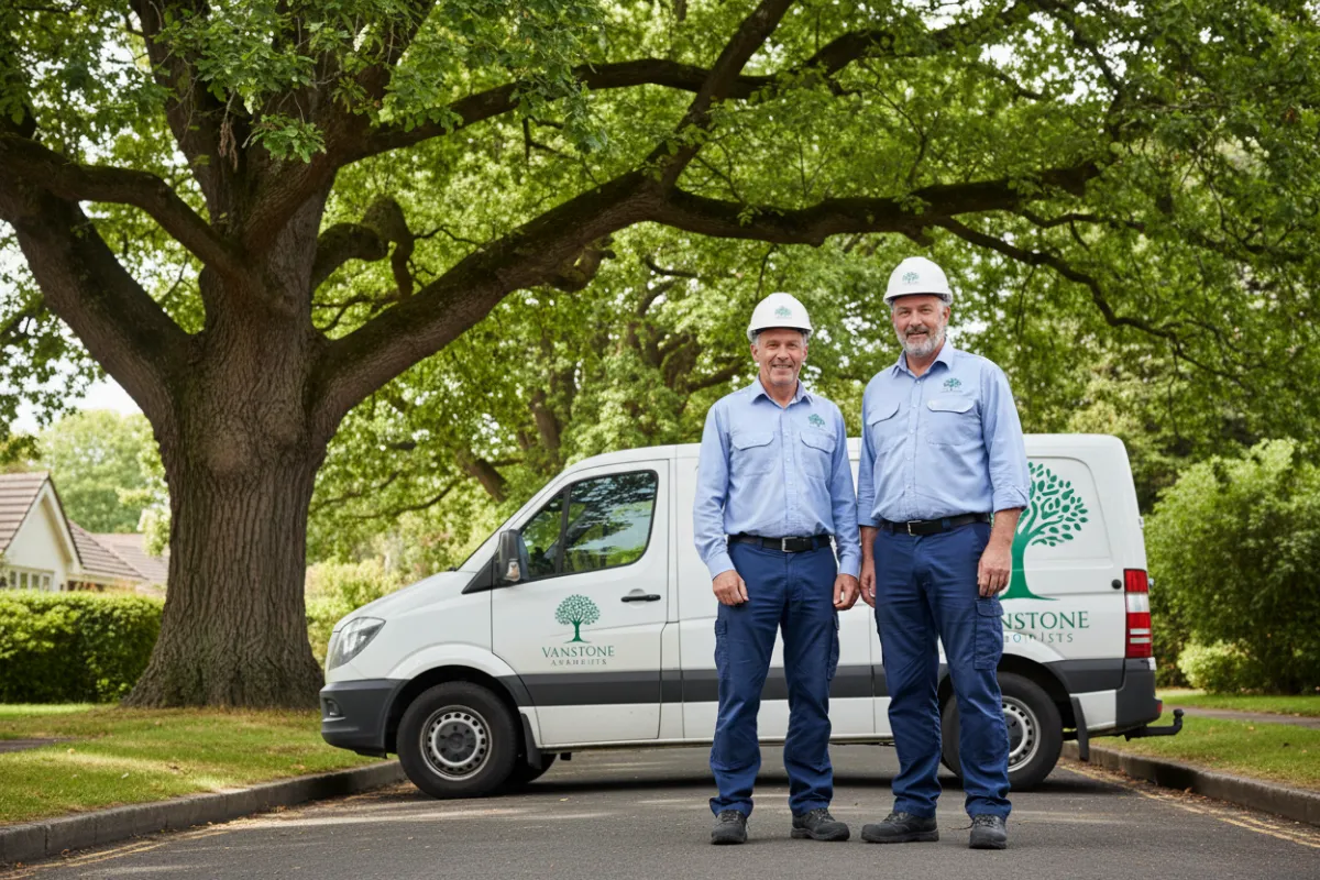 Clive and Harry Vanstone, two experienced arborists, standing beside a branded tree surgery van, both smiling and wearing safety helmets, with lush trees in the background. The image conveys professionalism and approachability.