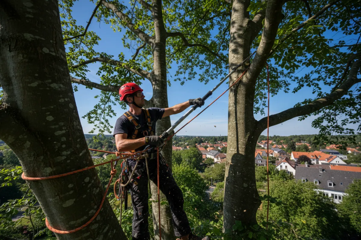 A close-up of a tree surgeon using a rope and harness to prune high branches from a mature beech tree, with blue sky and rooftops in the background.