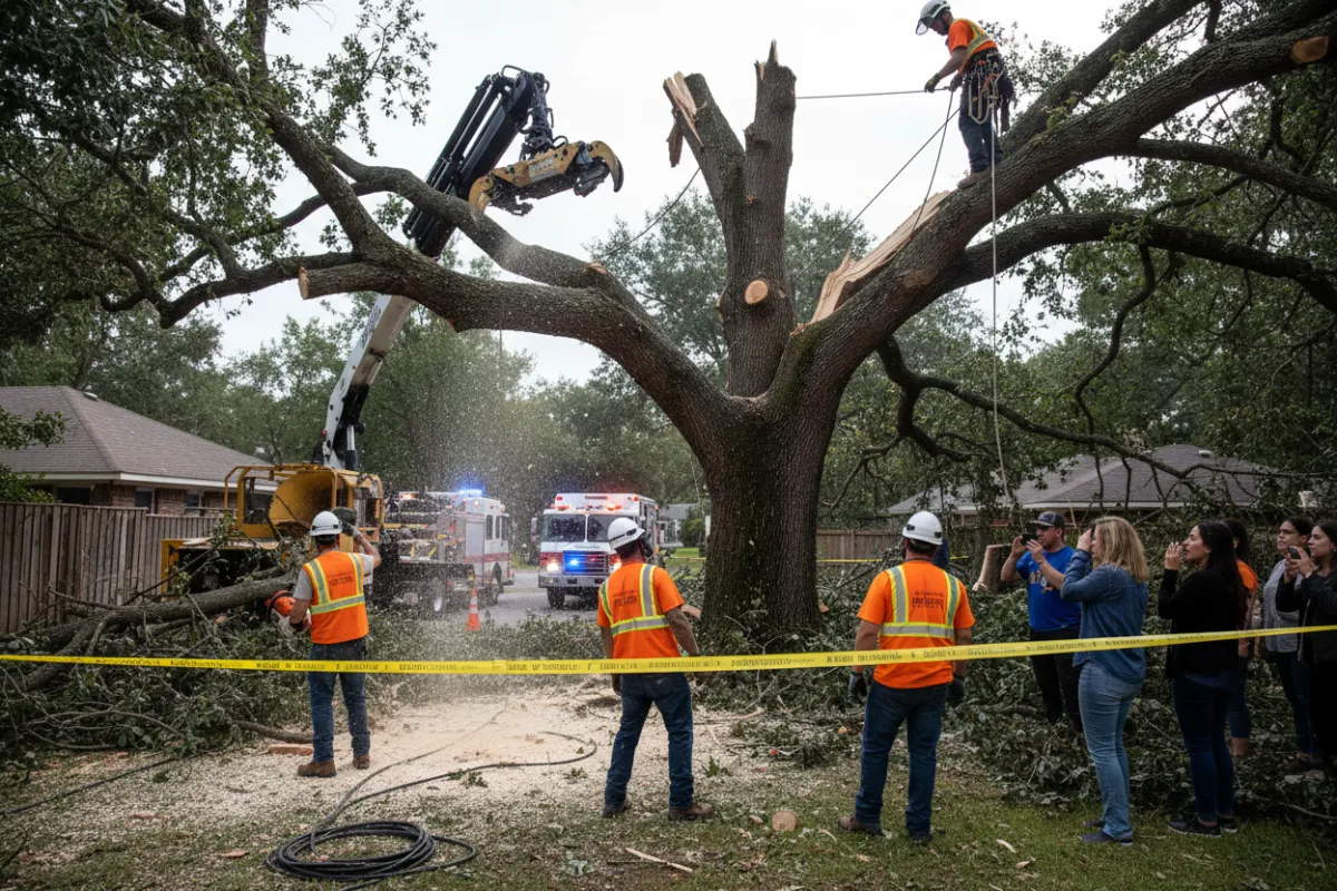 A team of three arborists in reflective vests and helmets rapidly clearing a massive, storm-damaged tree from a residential garden. Emergency vehicles and specialized equipment are present, with neighbors watching from behind a safety barrier, highlighting urgency and professionalism.