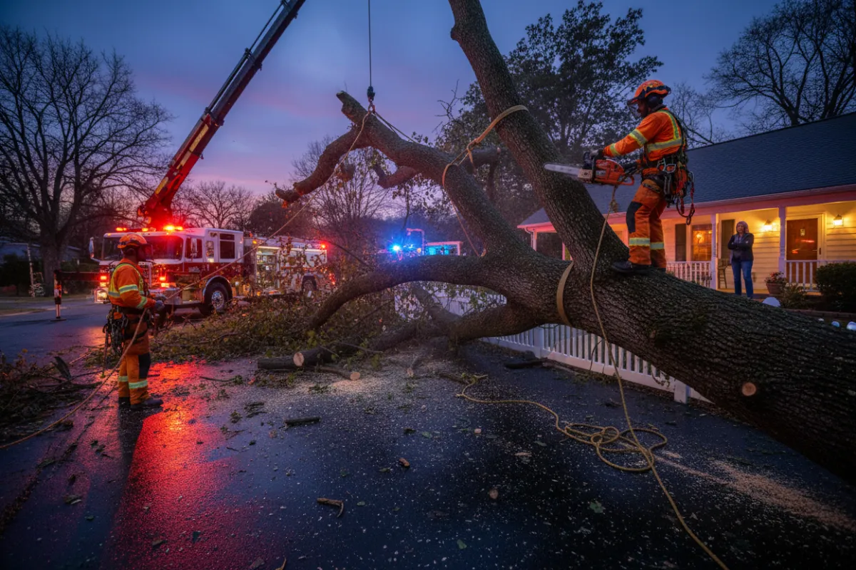Two arborists in high-visibility gear removing a large fallen tree from a suburban driveway at dusk, with emergency lights and a worried homeowner.