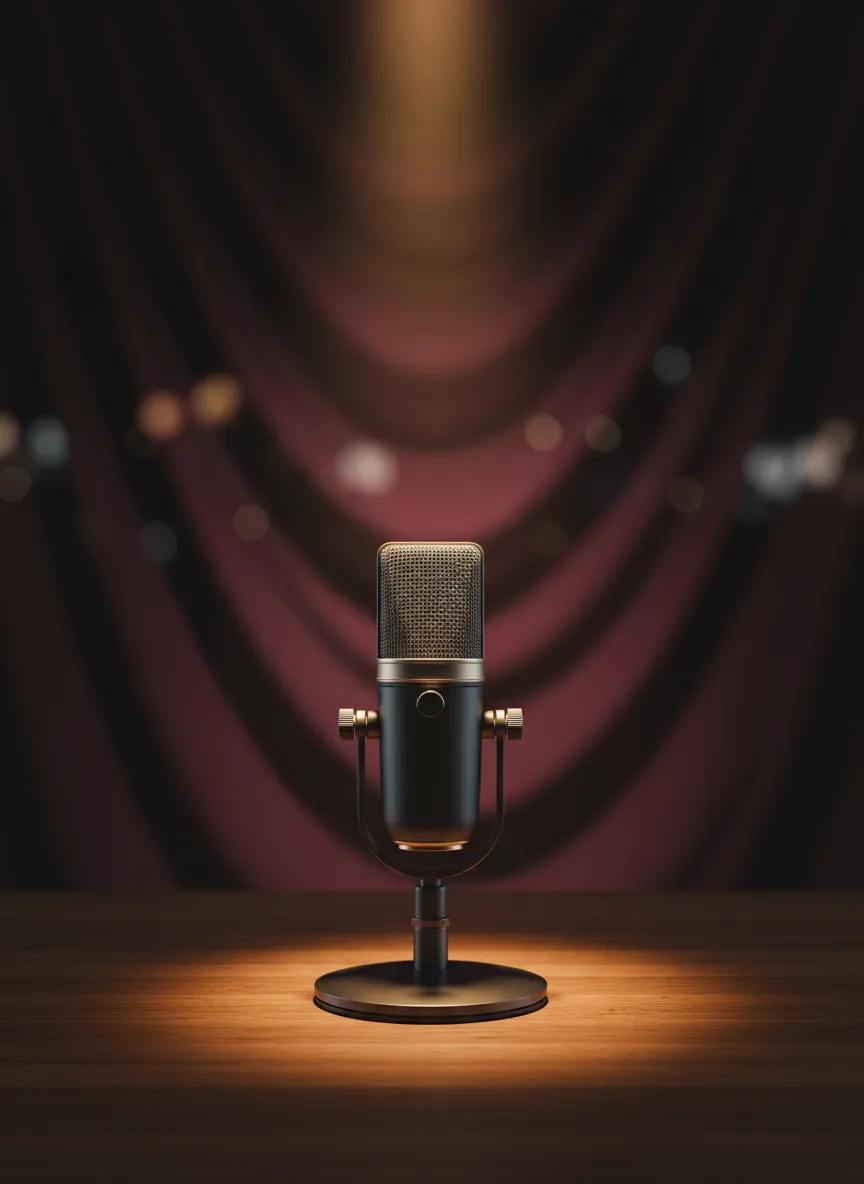 High-end broadcast microphone in a minimal luxury studio setting
