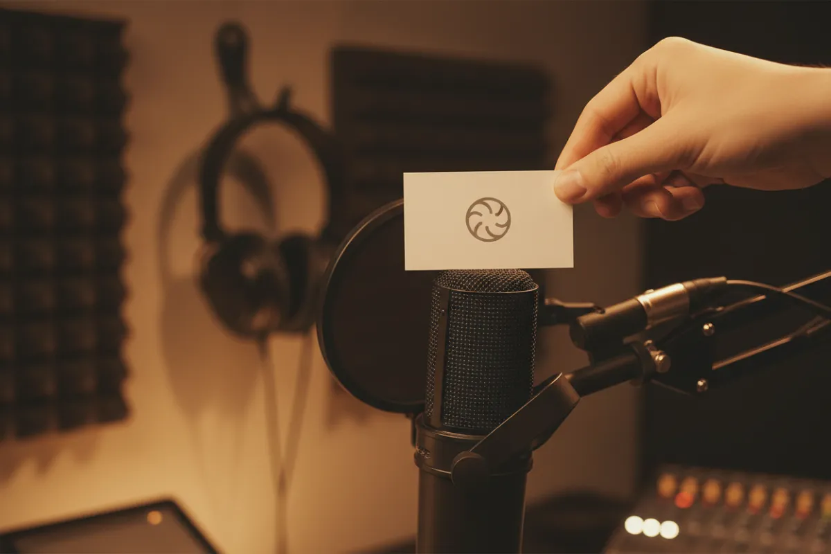 A close-up conceptual photo of a hand placing a branded business card on a podcast microphone, symbolizing partnership and sponsorship. The background is softly blurred, with warm lighting and subtle podcasting elements visible.