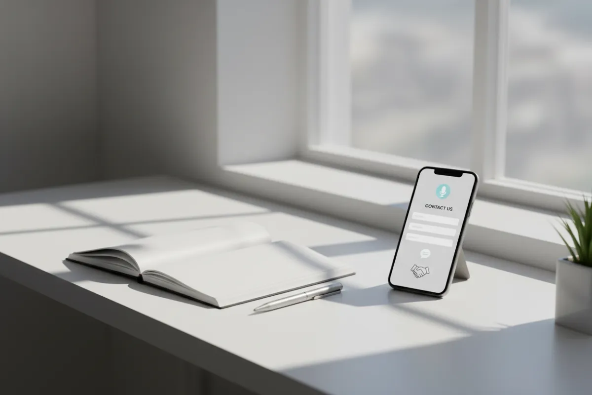 A minimalist photo of a clean, modern workspace with a notepad, pen, and a smartphone displaying a podcast contact form. The setting is bright, uncluttered, and professional, evoking approachability and readiness for communication.