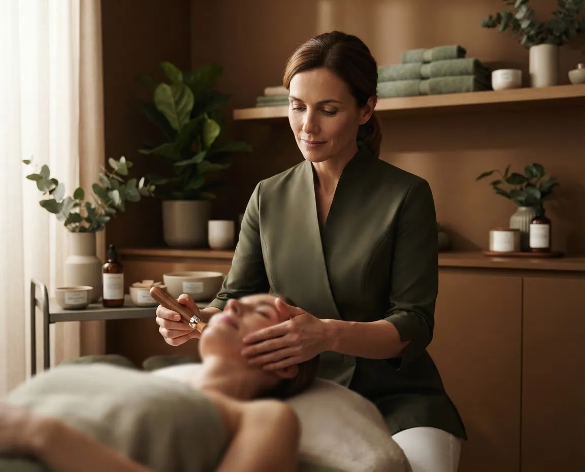 Especialista en estética realizando diagnóstico facial personalizado en cabina serena