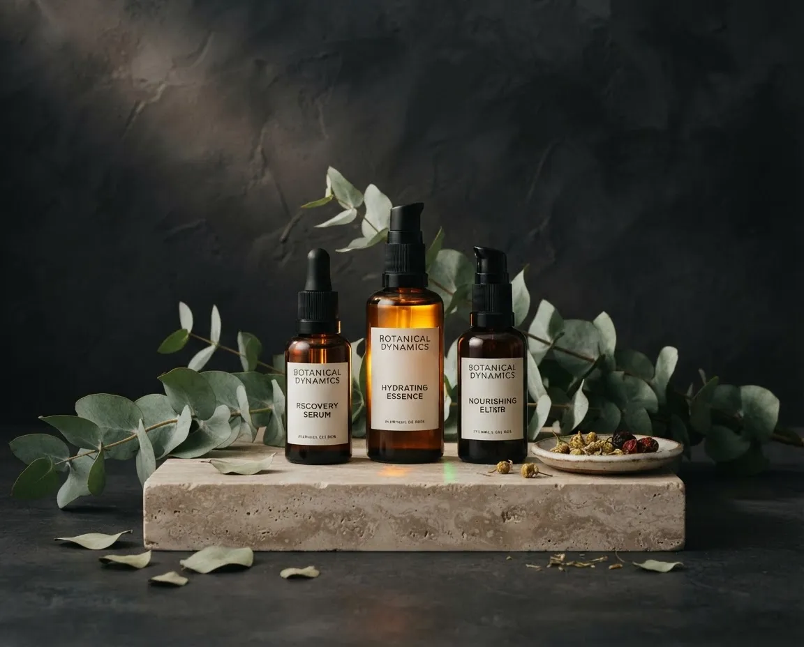 Productos de cosmética botánica premium y extractos puros en frascos de vidrio ámbar