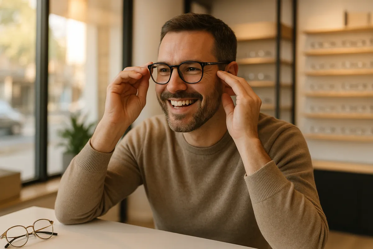 Happy customer trying designer frames in a modern optician shop