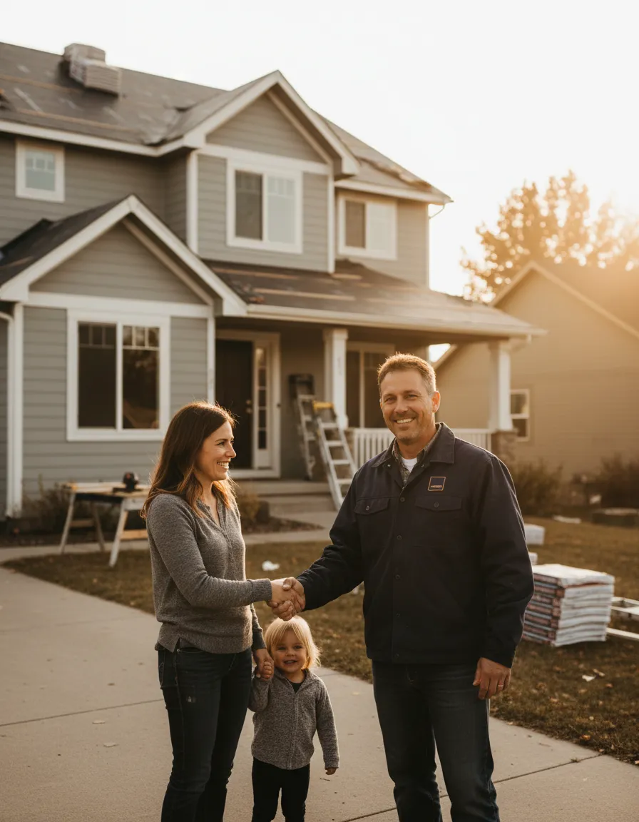 Owner of Heritage Exteriors shaking hands with a smiling customer in front of their home in Rapid City