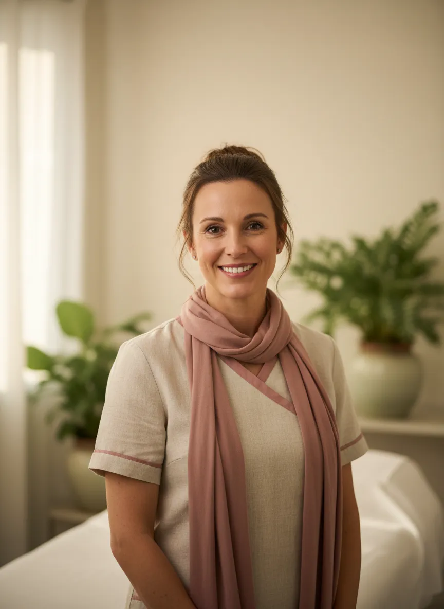 Portrait of Betty in her serene esthetics studio