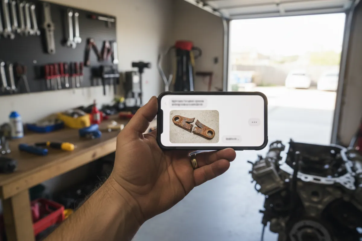 Smartphone displaying a text message with a photo of a broken metal item, hand holding phone, home garage background, natural light, adult hand, casual setting.