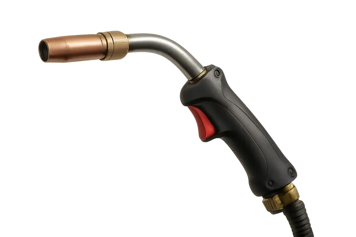 A close-up, photorealistic image of a welding torch, fully isolated on a pure white background. The torch is angled slightly, showing the nozzle and handle in sharp detail, with no background or additional objects present. Lighting is bright and even, emphasizing the tool’s metallic texture.