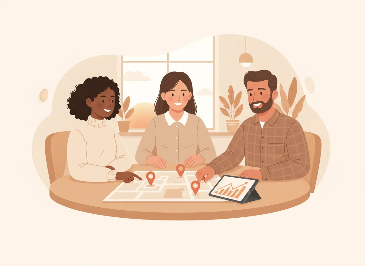 Warm illustration of a marketing team collaborating with a local business owner