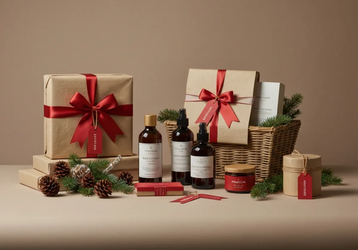 Lifestyle image of holiday gifting baskets and premium retail brands