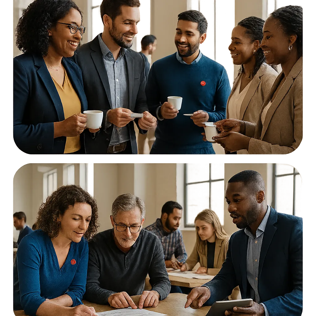 Collage of diverse entrepreneurs engaging at professional networking events
