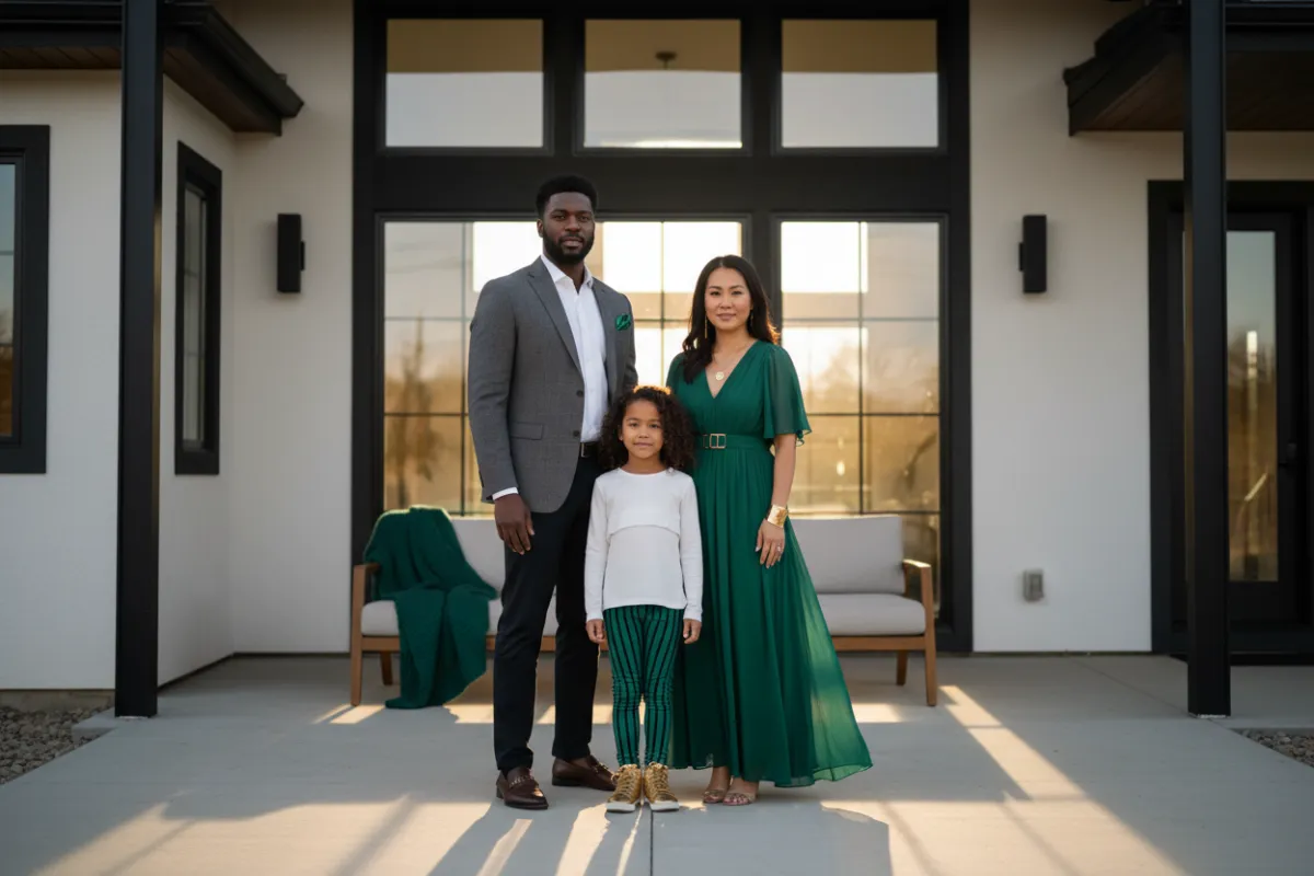 Diverse family in front of their home