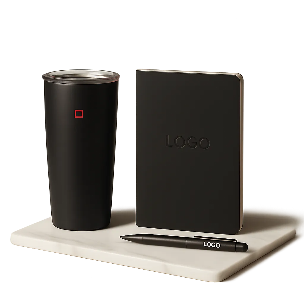 High-end lifestyle shot of professionally branded items on a modern desk
