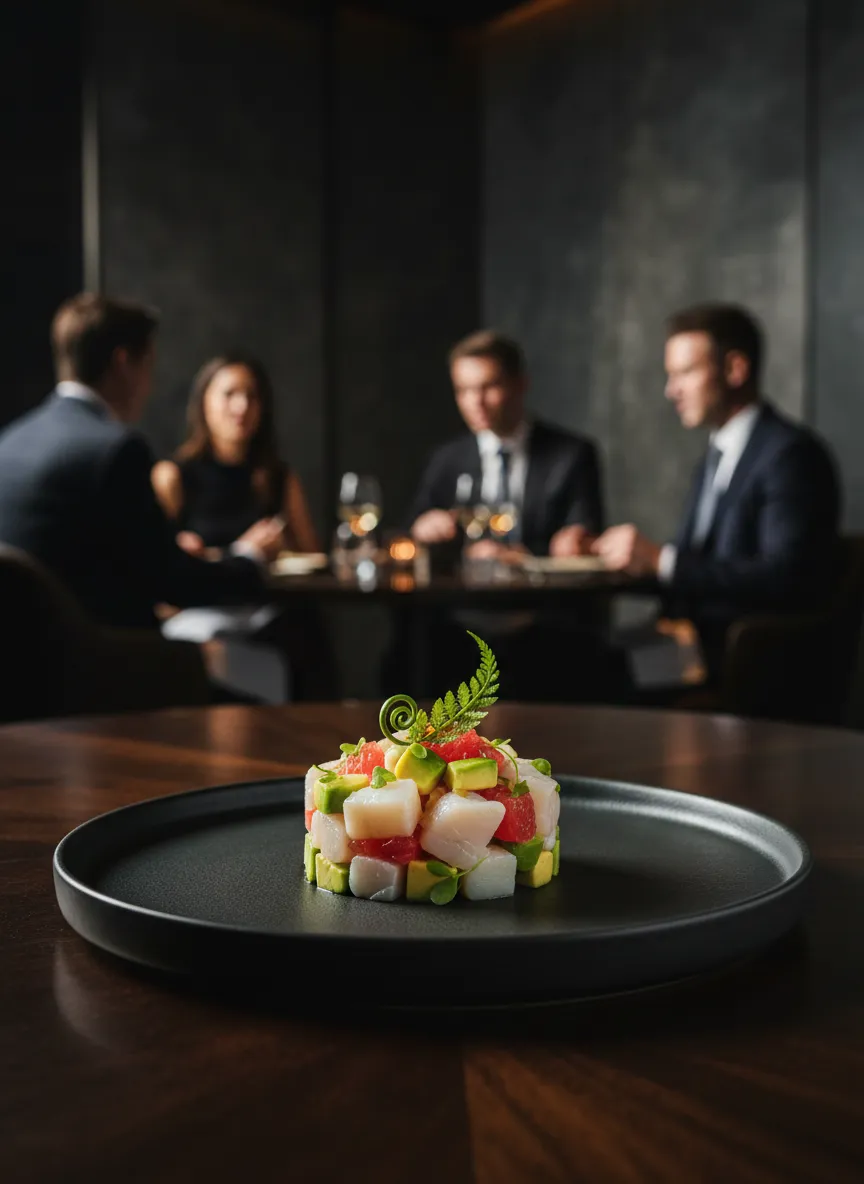 A sophisticated corporate culinary setting with elegant plating and cinematic lighting