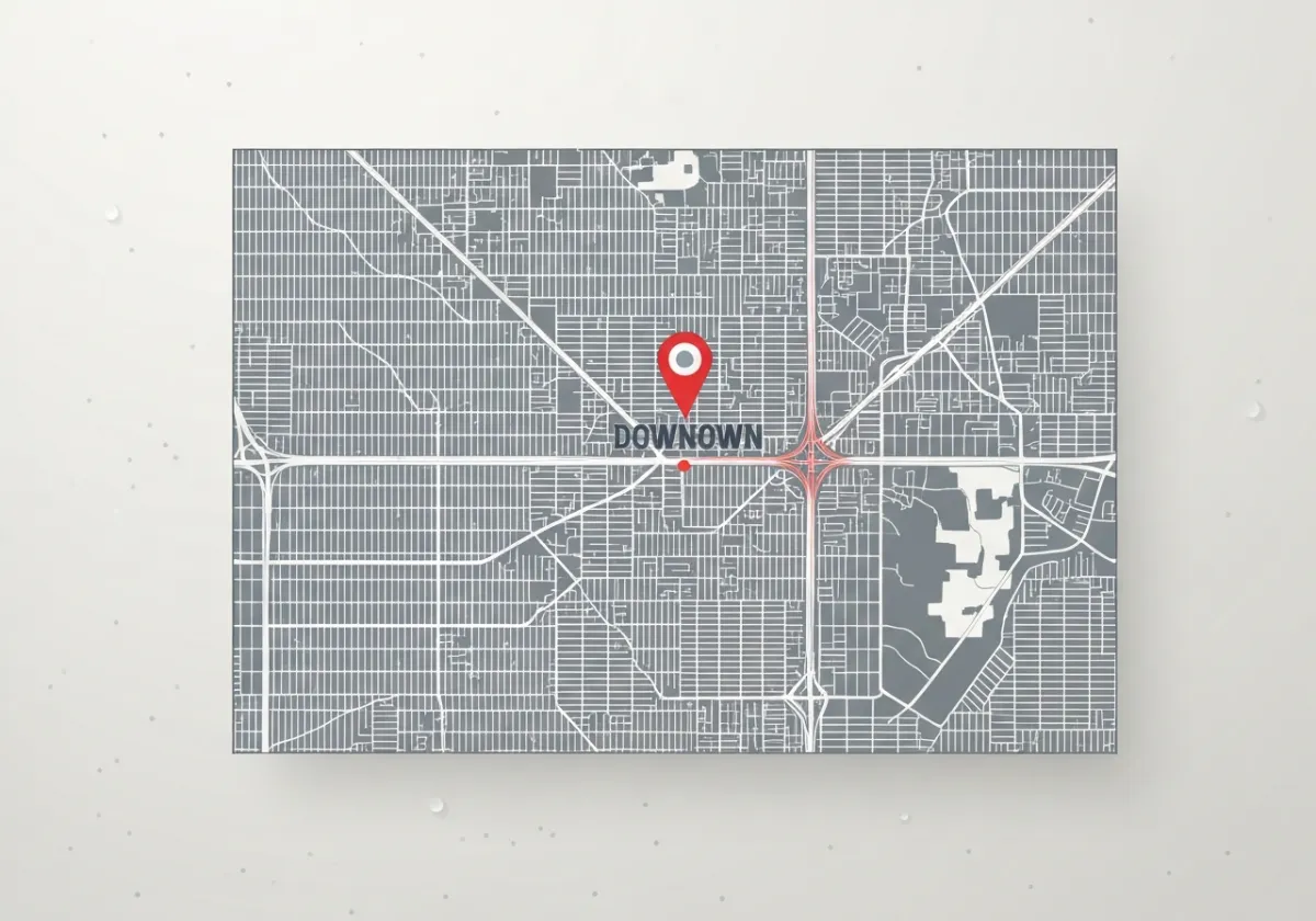 Stylized grayscale map of Conyers, GA with a red location pin