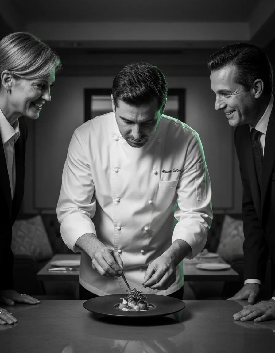 Chef interacting with VIP guests at an executive luxury dining event