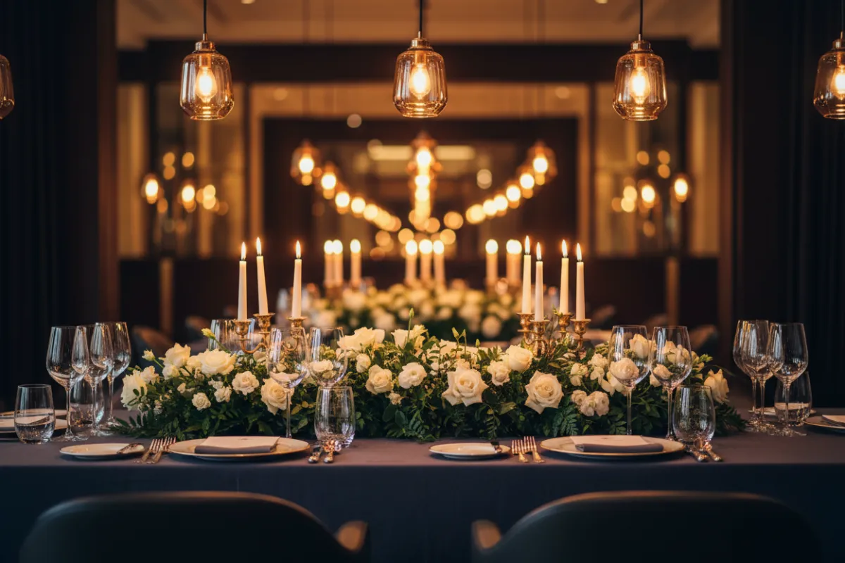 Expansive tablescape and elegant event atmosphere