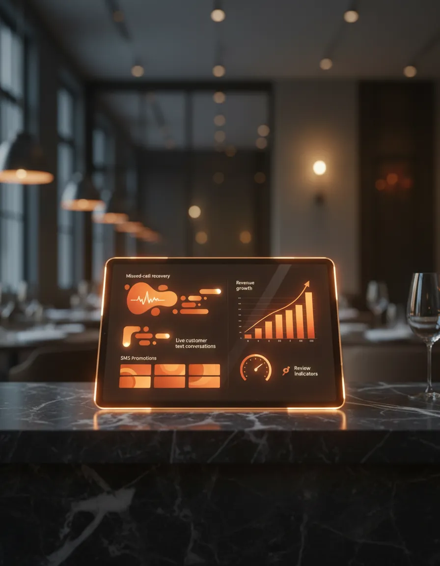 Restaurant23x Growth Dashboard showing missed call recovery and SMS marketing metrics