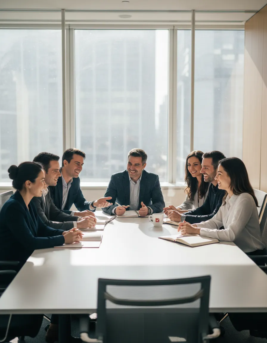 Professionals collaborating in a high-end executive meeting space