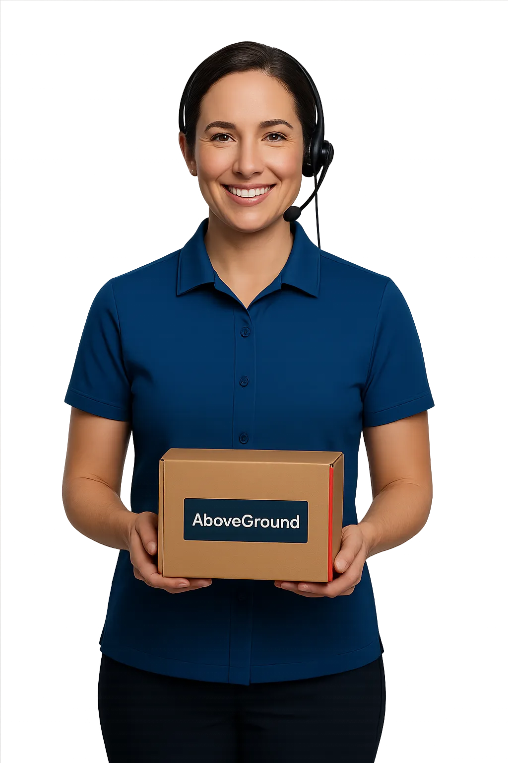 Friendly AboveGround staff member holding a shipping package and smiling