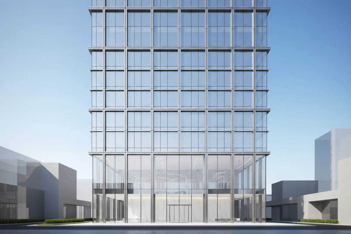 Edificio de oficinas corporativas de lujo, fachada de cristal y acero, lobby elegante, entorno urbano moderno, sin personas, iluminación natural intensa.