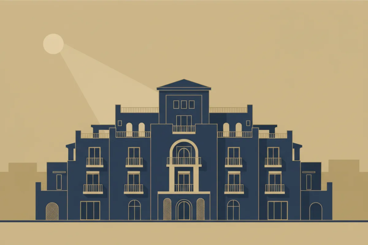 Vista exterior de una moderna residencia de lujo con fachada de piedra clara, ventanales amplios y entorno ajardinado, bajo luz suave de atardecer, estilo minimalista, sin personas ni vehículos.