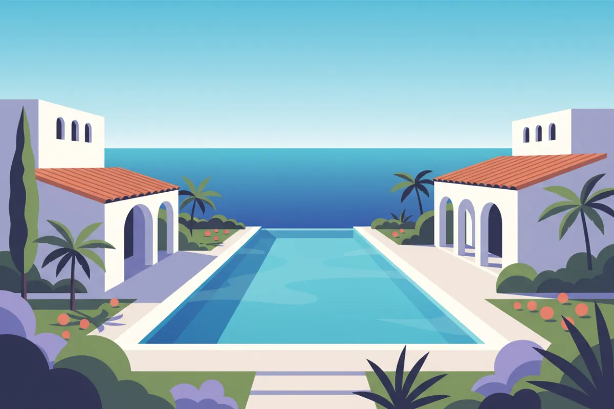 Villa costera exclusiva, arquitectura mediterránea, piscina infinita, jardines exuberantes, vista al mar, sin personas, ambiente soleado y relajante.