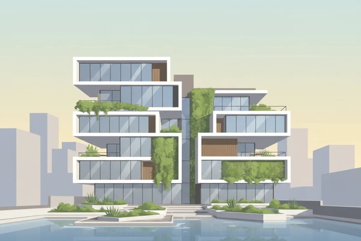 Complejo residencial urbano de alta gama, con jardines verticales, terrazas privadas y arquitectura contemporánea, en entorno citadino, sin personas, luz matinal suave.