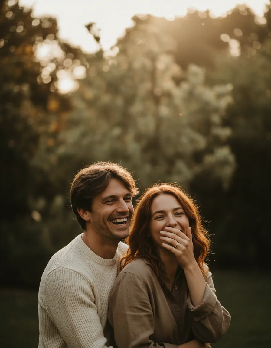 A candid moment of a couple laughing, showcasing the natural photography style