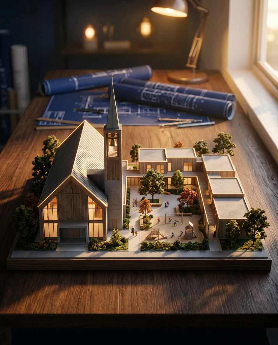 Architectural master plan and conceptual rendering for the Rhema permanent sanctuary and children's home facility