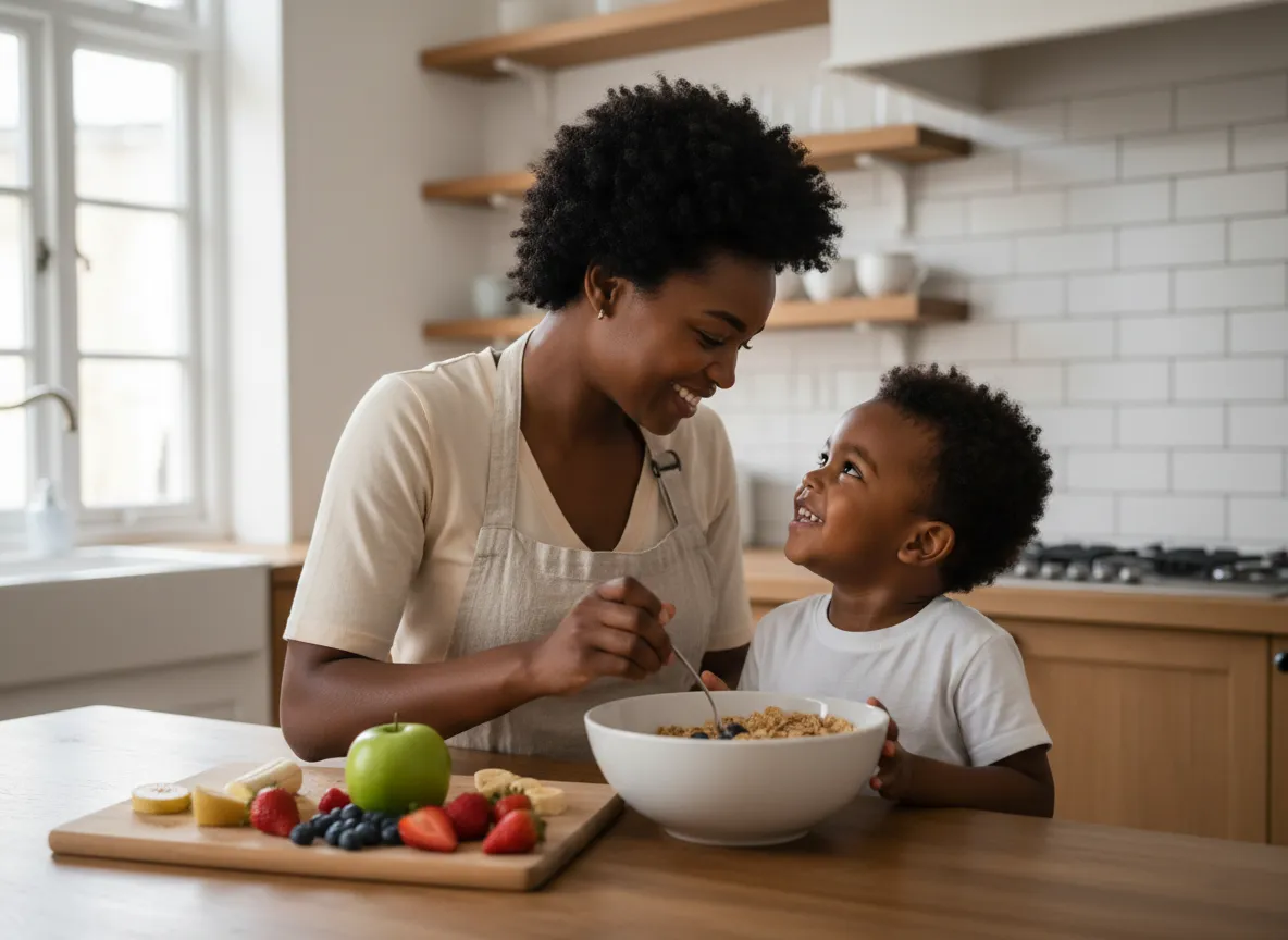 Mère et enfant souriants préparant un repas sain ensemble