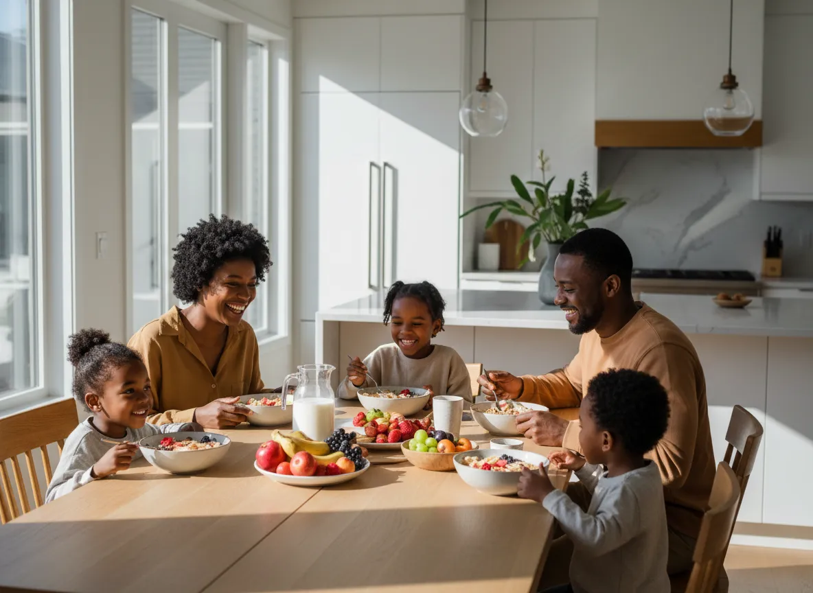 Famille prenant un petit déjeuner sain avec des céréales et des fruits