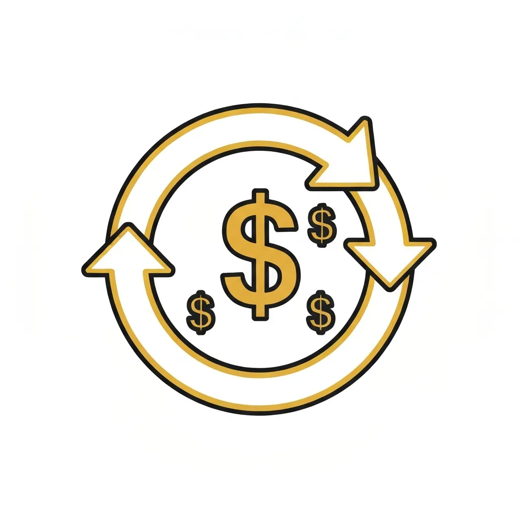 Line-art icon of circular arrows and dollar signs in gold.