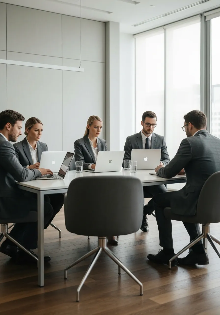A group of professionals in suits sitting at a table working on laptops.