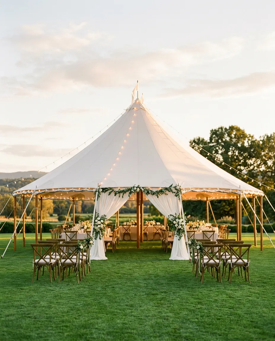 Elegant high-peak white pole tent set up on manicured green lawn for a Georgia luxury wedding with warm bistro string lighting