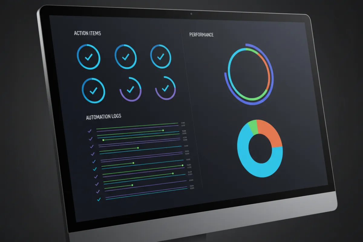 Dashboard close-up showing completed action items, automation logs, and performance charts.