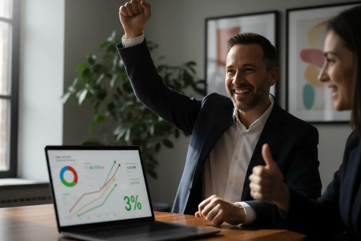 Coach celebrating a client win with analytics dashboard showing positive KPI numbers.