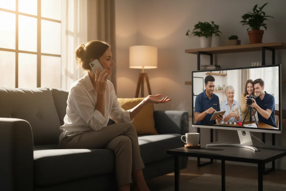 Small-business owner on an onboarding call in a relaxed office setting.