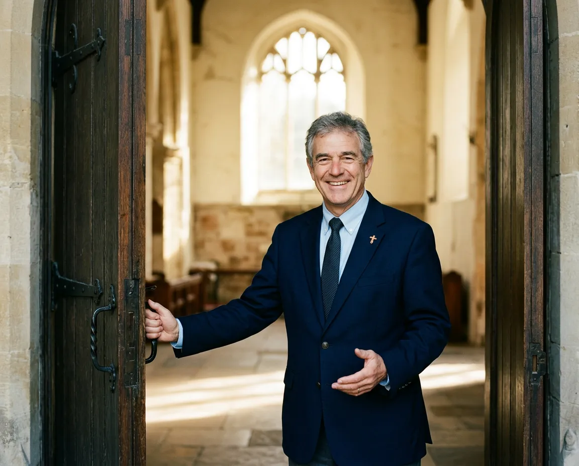 A smiling church greeter holding open the welcoming wooden entrance doors in warm light