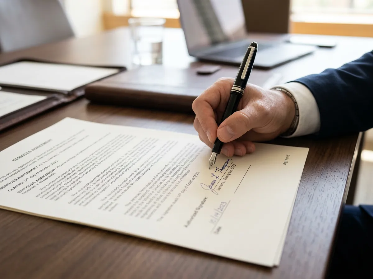 Close-up of someone signing a legal document or contract with a pen